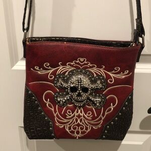Western Rhinestone Skull & Crossbones Concho Stitched Crossbody Purse Adj Strap